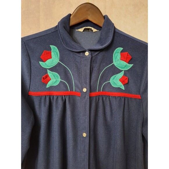 Vintage Models Coat Pearl Snap House Dress Sz M/L Blue Fleece Floral Embroidery - Picture 1 of 9